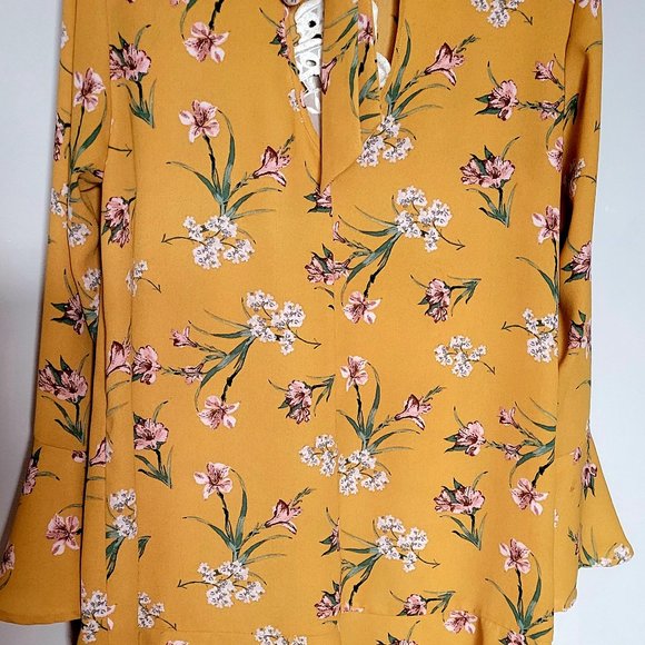 EXHILARATION Boho Mustard Floral Print Boho Dress Size Large - Picture 2 of 9